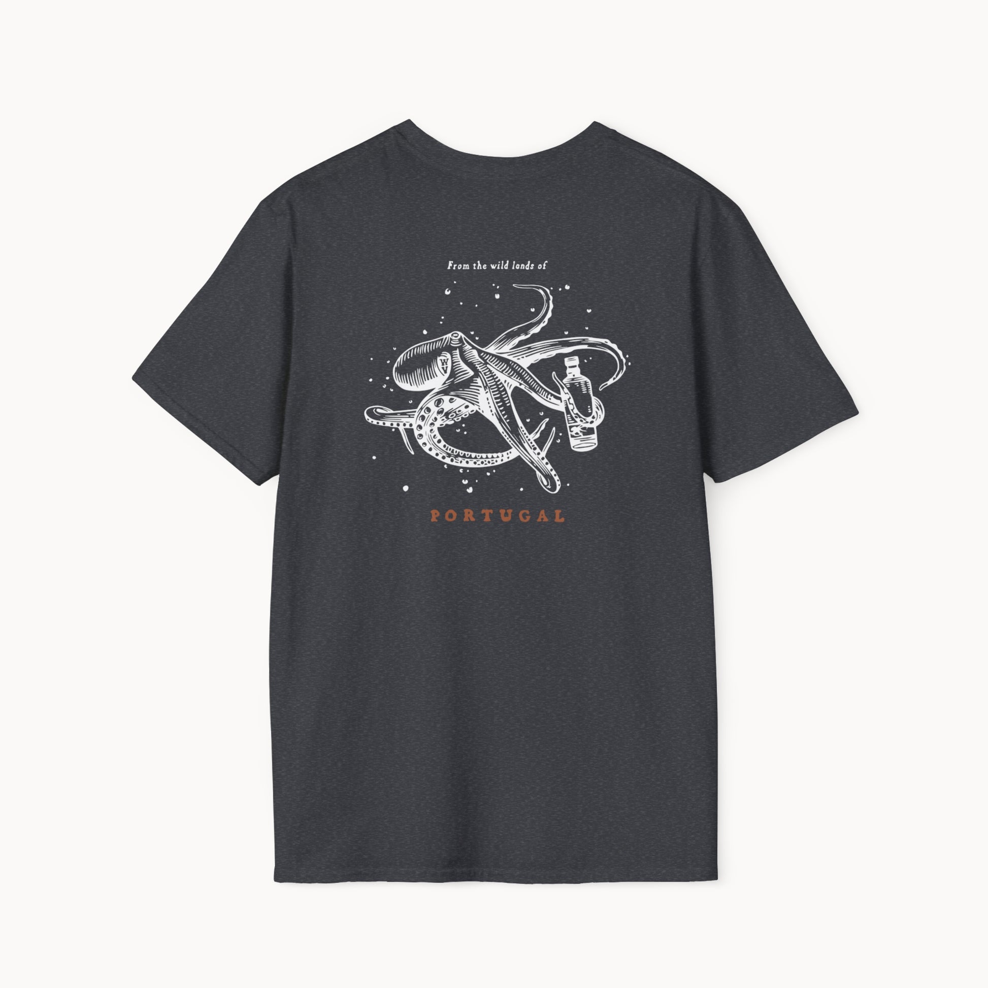 Back view of a black unisex octopus graphic t-shirt with 'From the wild lands of Portugal' printed above the octopus illustration.