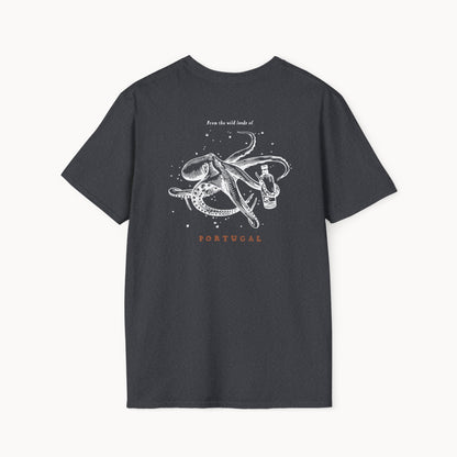 Back view of a black unisex octopus graphic t-shirt with 'From the wild lands of Portugal' printed above the octopus illustration.