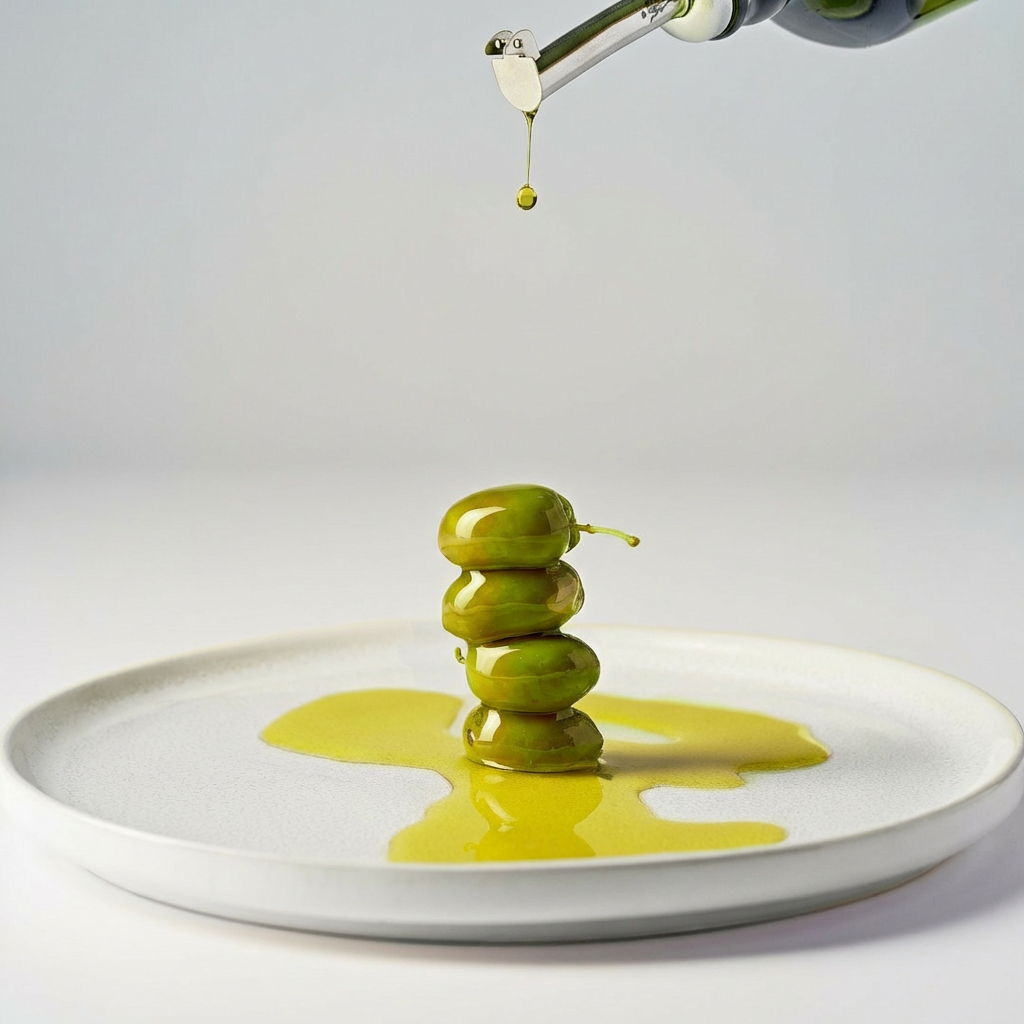 Verde olive oil drizzling over stacked olives on a white plate, showcasing its vibrant color and quality.