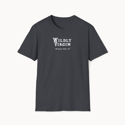 Wildly Virgin artisan olive oil t-shirt in dark gray, showcasing soft-style fabric and classic crew neckline.