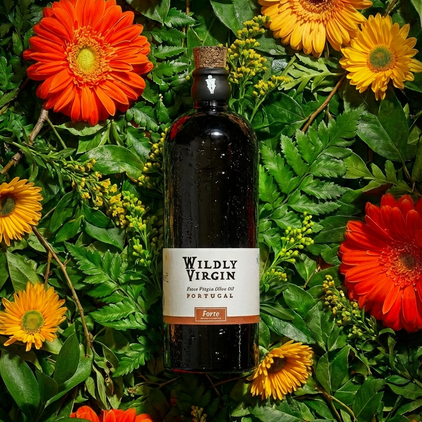 Bottle of Wildly Virgin olive oil surrounded by flowers on a green leafy background