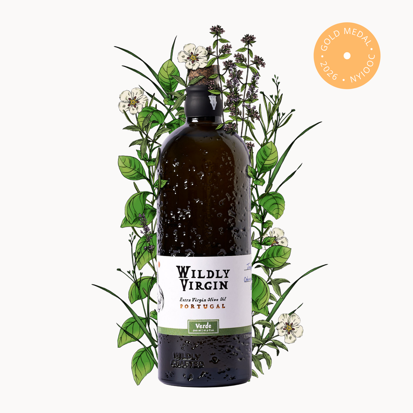 A bottle of Verde extra virgin olive oil with organic herbs, featuring a gold medal seal from the 2026 NYIOOC.